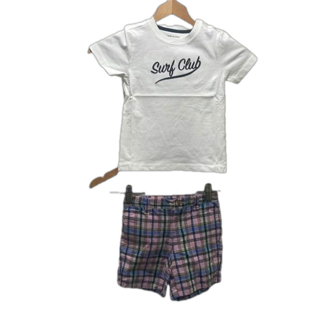 Janie and jack BOYS set size 3 GUC white top & pink and blue striped shorts
